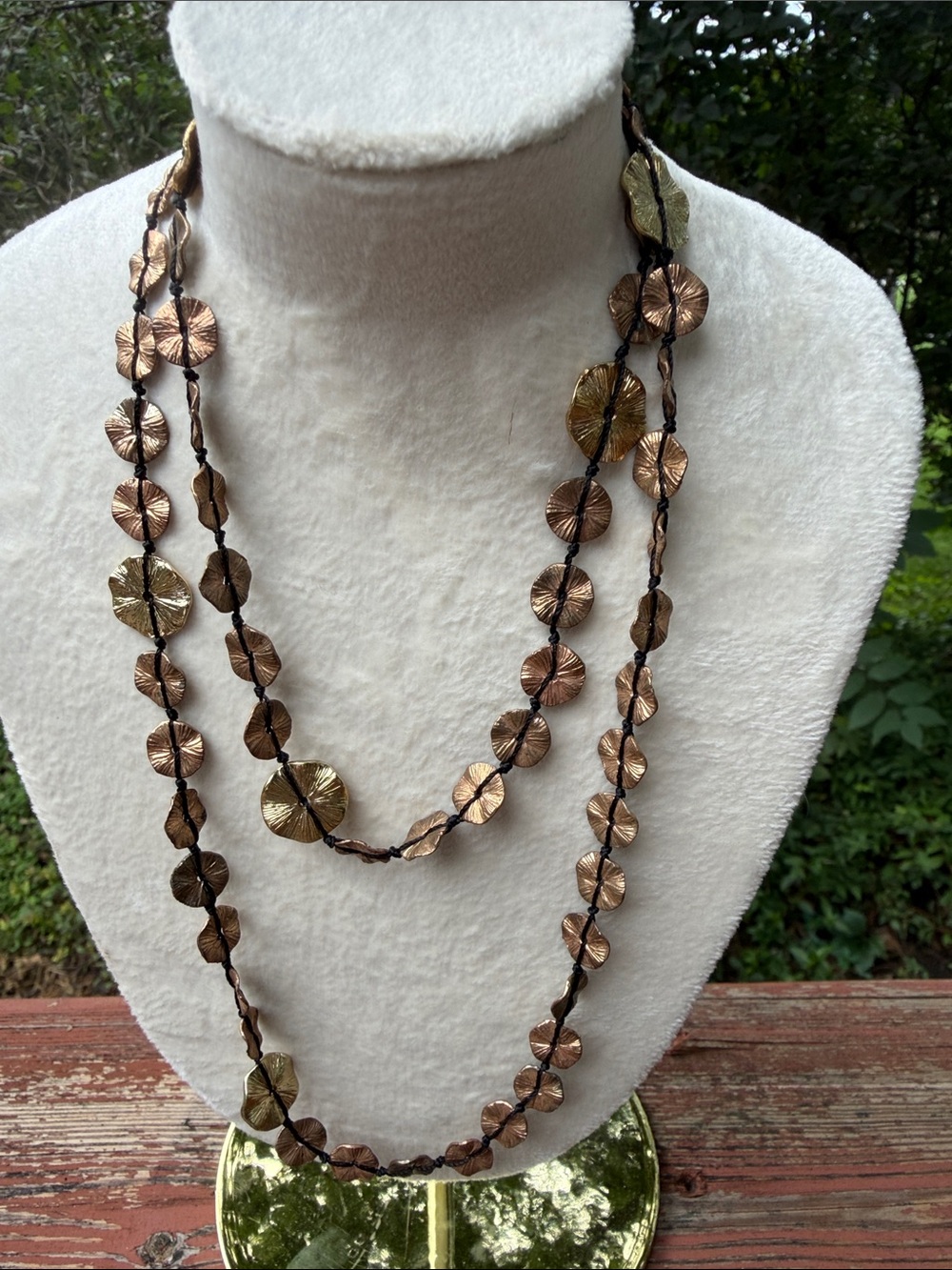 Handcrafted Double-Strand Metallic Disc Necklace in Bronze and Gold
